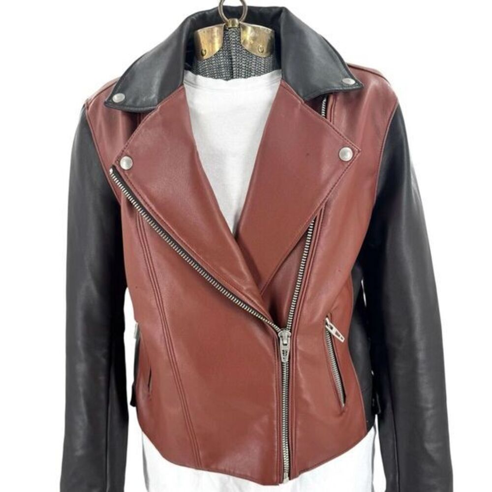 Blank NYC Jacket Two Tone Black and Brown Faux Leather Moto Jacket Zip Women's S - Picture 1 of 9